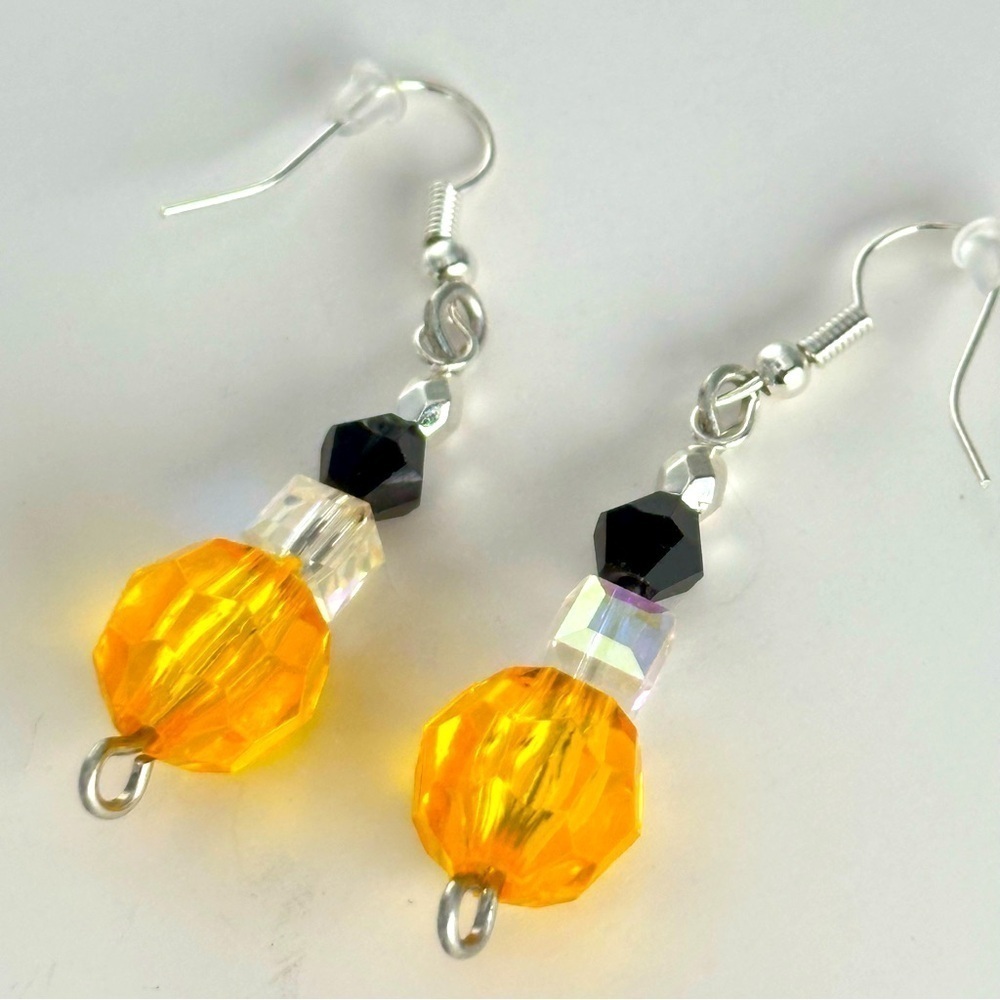 Earrings Gold Bead and Clear Crystal Squares black glass Handmade Earrings 3476